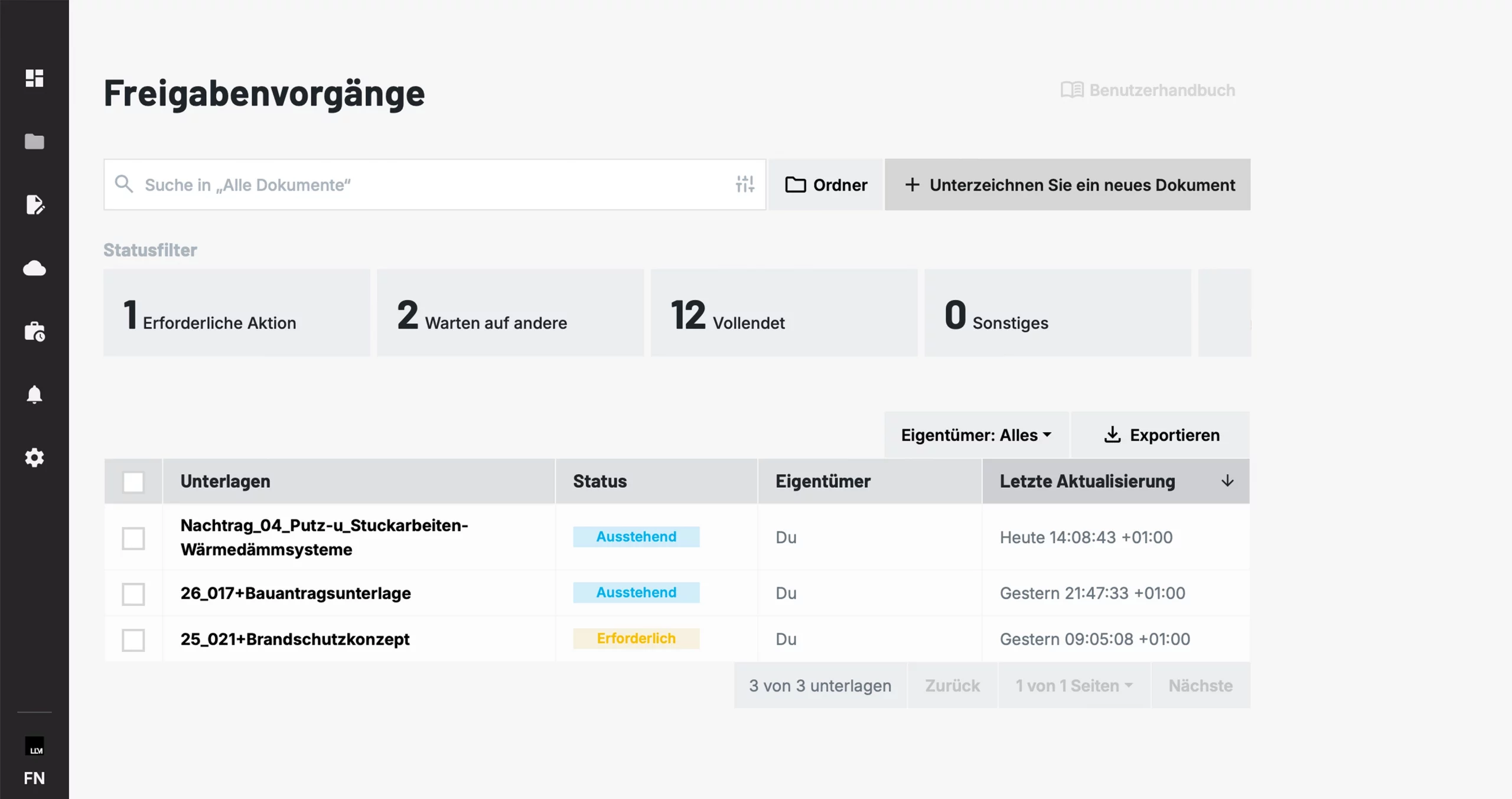 Zentrale Übersicht aller Freigabevorgänge mit Statusfiltern für offene, laufende und abgeschlossene Signaturen