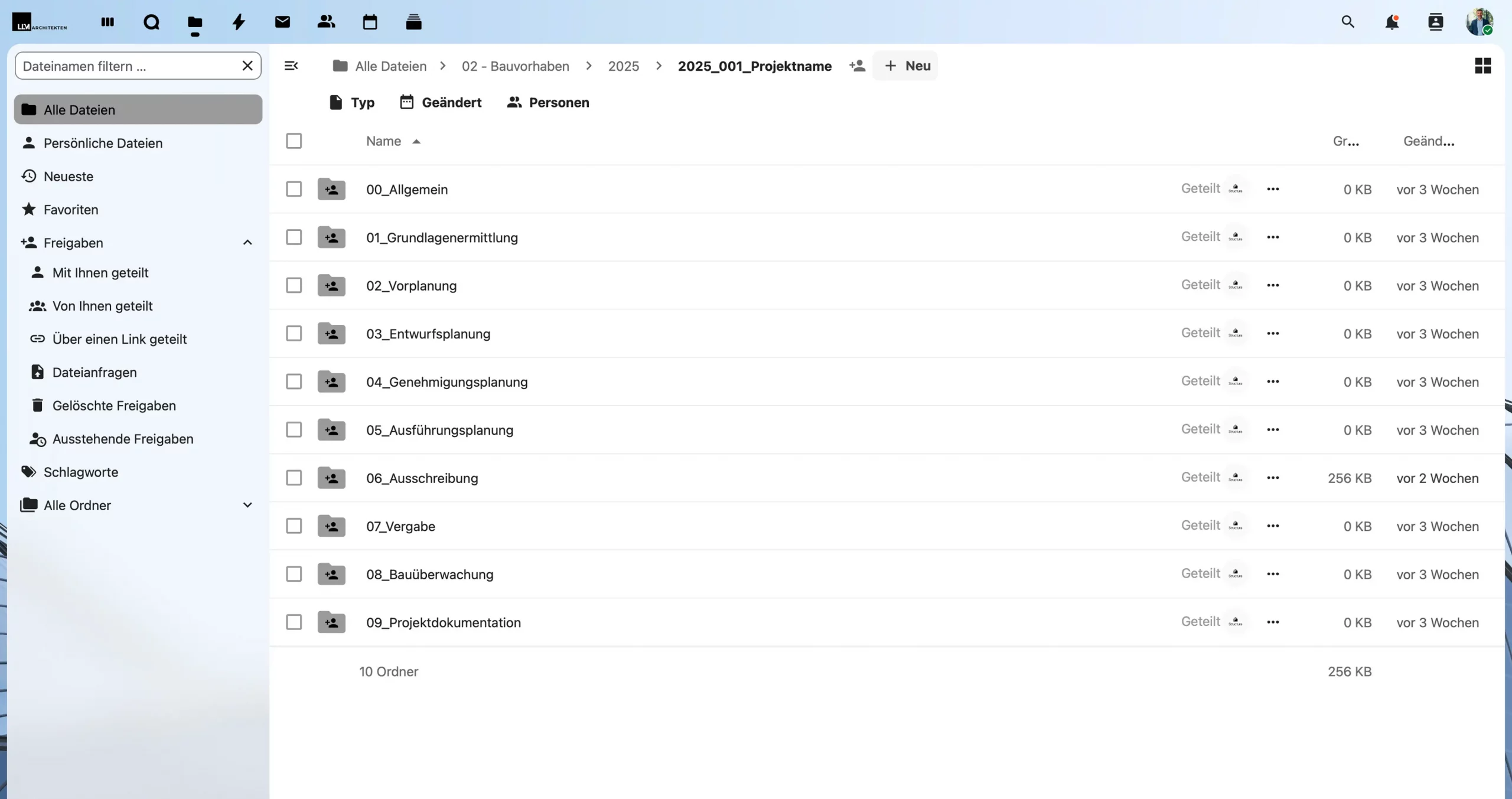 Strukturierte Projektablage mit klar gegliederten Ordnern und Leistungsphasen für Architekturprojekte.