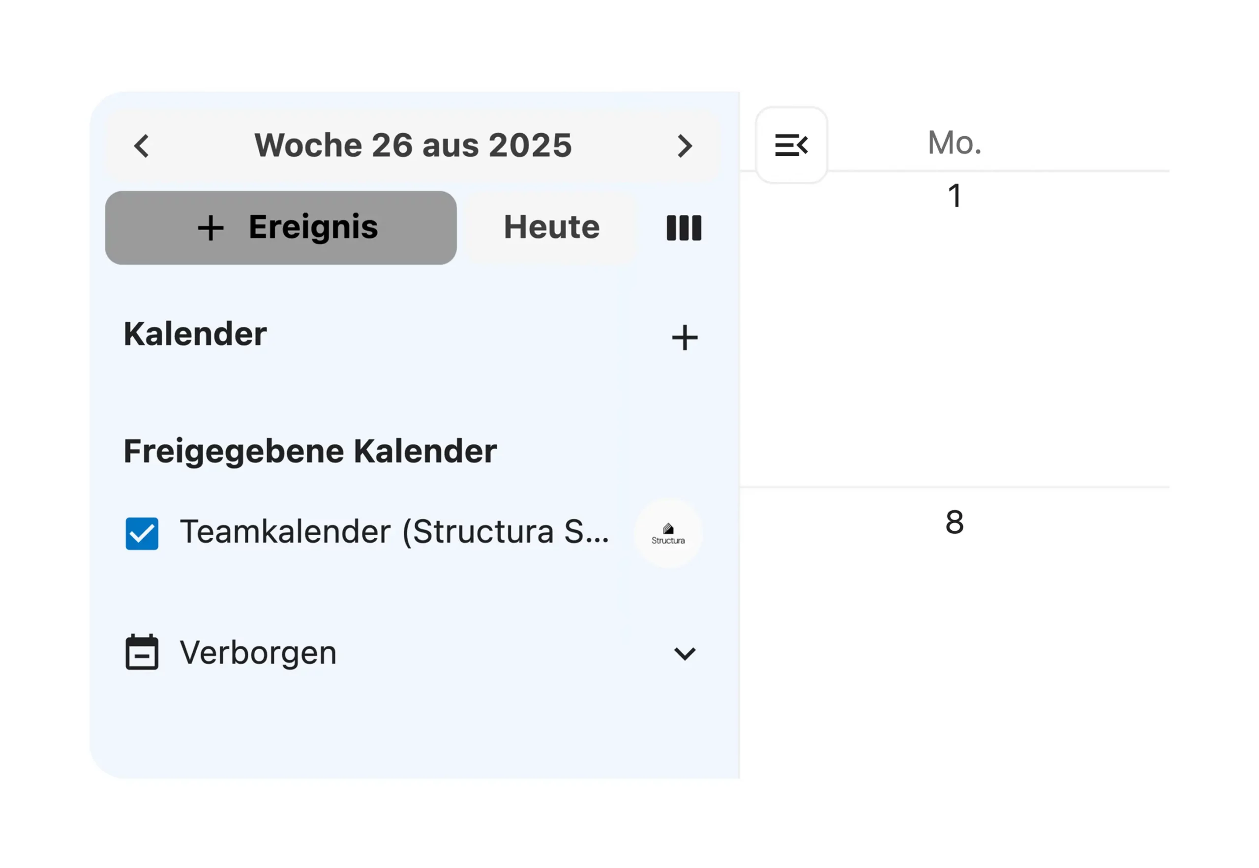 Zentrale Kalenderansicht für persönliche und teambezogene Termine im Planungsprozess.